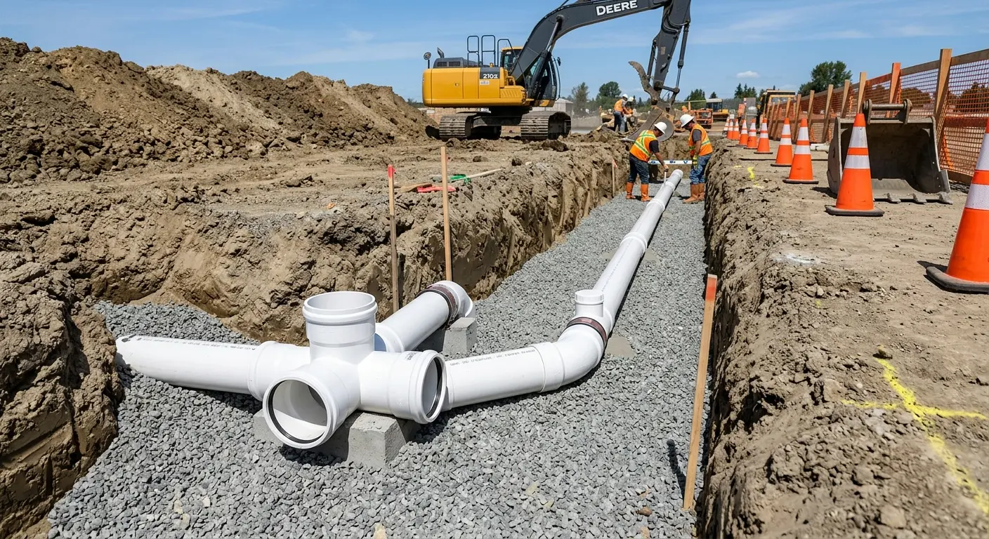 New PVC sewer pipe installation in open trench for Grease Trap Cleaning in Lochbuie