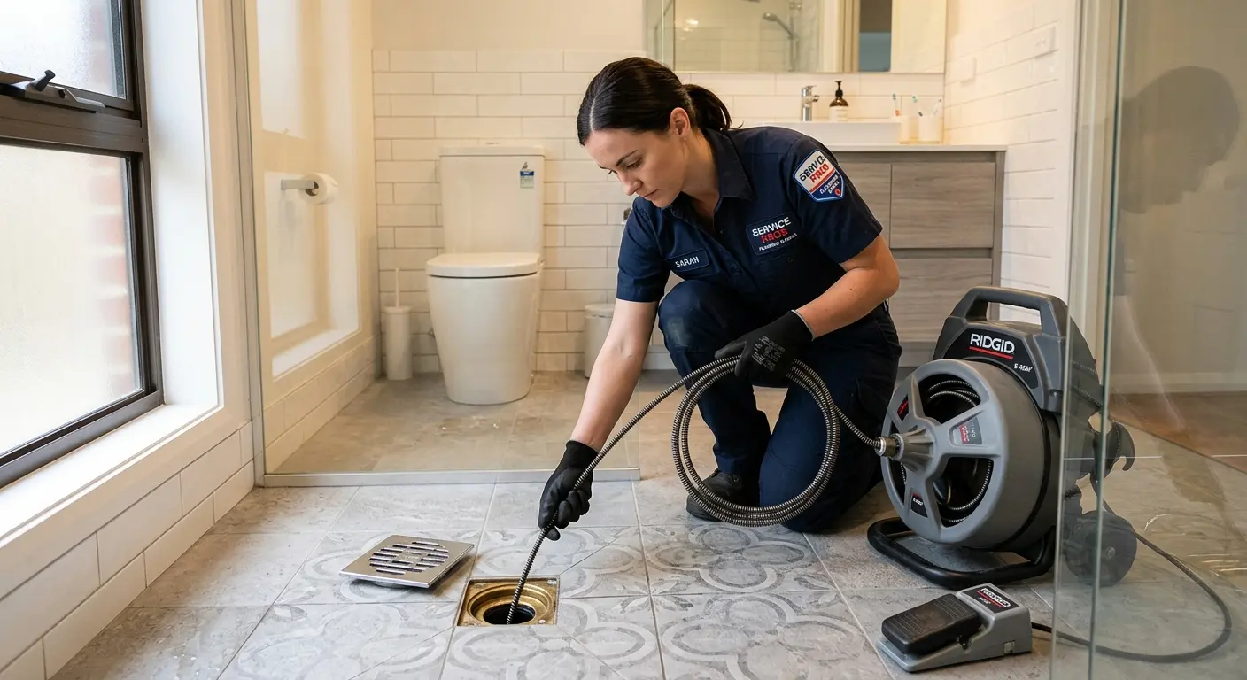 Technician clearing a bathroom floor drain for Sewer Line Installation in Lochbuie